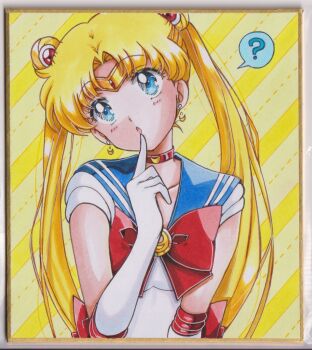 1girl ? back_bow bishoujo_senshi_sailor_moon blonde_hair blue_eyes blue_sailor_collar bow bowtie chikoto_(kztc4472) choker crescent crescent_earrings double_bun earrings elbow_gloves finger_to_mouth gloves hair_bun hair_ornament highres jewelry long_hair looking_up photo_(medium) red_bow red_bowtie red_choker sailor_collar sailor_moon sailor_senshi_uniform skirt solo speech_bubble spoken_question_mark thinking traditional_media transformation_brooch_(sailor_moon) tsukino_usagi twintails white_gloves