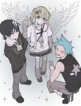 Rule 34 | 1girl, 2boys, amugonagurim, bag, bare shoulders, belt, black belt, black hair, black shirt, black shoes, black star, blonde hair, blue eyes, blue hair, cat hair ornament, crossed arms, death the kid, frilled skirt, frills, from above, full body, green eyes, grey background, grey pants, grey scarf, grey skirt, grey socks, grey thighhighs, hair between eyes, hair ornament, hashtag-only commentary, highres, hood, hood down, hooded shirt, jewelry, layered skirt, light blush, looking at viewer, loose socks, maka albarn, multicolored hair, multiple boys, necklace, open mouth, pants, parted lips, pom pom (clothes), pom pom hair ornament, print shirt, scarf, shirt, shirt under shirt, shoes, short hair, shoulder bag, skirt, skull, smile, socks, soul eater, spiked hair, streaked hair, striped clothes, striped hair, striped shirt, thighhighs, twintails, two-tone hair, v, white hair, white shirt, white socks, wings, yellow eyes