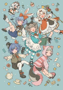6+girls ahoge alice's_adventures_in_wonderland alice_(alice_in_wonderland) alice_(alice_in_wonderland)_(cosplay) alternate_costume animal_ear_hood apron aqua_dress asymmetrical_footwear black_bloomers black_boots black_bow black_gloves black_shoes bloomers blue_bloomers blue_hair book boots bow braid brown_hair candy card cheshire_cat_(alice_in_wonderland) cheshire_cat_(alice_in_wonderland)_(cosplay) clock_necklace club_(shape) commentary_request cosplay cup cupcake diamond_(shape) dress facing_viewer fake_animal_ears fake_tail flower food full_body fur_trim genshin_impact gloves grey_hair hair_bow hair_ornament hairclip hat highres holding holding_book holding_scepter hood hood_up hooded_jacket jacket key klee_(genshin_impact) leg_warmers long_sleeves looking_at_viewer mad_hatter_(alice_in_wonderland) mad_hatter_(alice_in_wonderland)_(cosplay) mini_hat mini_top_hat mismatched_footwear multiple_girls neck_ribbon one_eye_closed paimon_(genshin_impact) pantyhose pink_eyes pink_jacket pink_slippers playing_card pointy_ears prune_(genshin_impact) purple_eyes qiqi_(genshin_impact) queen_of_hearts_(alice_in_wonderland) queen_of_hearts_(alice_in_wonderland)_(cosplay) red_boots red_bow red_eyes red_ribbon ribbon saucer sayu_(genshin_impact) scepter shiro_chan46 shoes slippers spade_(shape) striped_clothes striped_pantyhose tail teacup teapot top_hat underwear white_apron white_dress white_hair white_leg_warmers white_pantyhose white_rabbit_(alice_in_wonderland) white_rabbit_(alice_in_wonderland)_(cosplay) yaoyao_(genshin_impact)