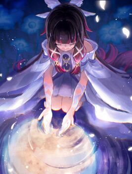 1girl bare_shoulders basilian_31 black_hair blue_flower closed_eyes columbina_(genshin_impact) commentary_request dress eye_mask flower genshin_impact hair_ribbon head_wings highres long_hair mask moon moon_reflection multicolored_hair pink_hair reflection ribbon ripples signature solo two-tone_hair very_long_hair water white_dress white_ribbon white_wings wings
