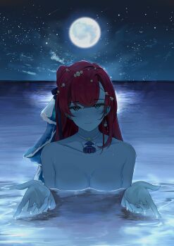 1girl absurdres beckoning blue_eyes breasts closed_mouth commentary english_commentary full_moon highres i'll_teach_you_everything_(chainsaw_man) karu_(karusenpai) large_breasts light_reflection_(water) long_hair looking_at_viewer moon night nude outdoors partially_submerged phase_connect red_hair scene_reference second-party_source sinon_sinfonia skinny_dipping sky smile solo veil virtual_youtuber water