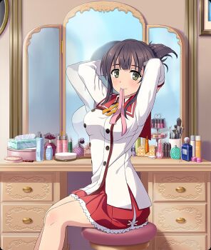 1girl arms_behind_head black_hair blush bottle breasts buttons closed_mouth dot_nose double-breasted drawer feet_out_of_frame game_cg green_eyes hair_ornament hairclip large_breasts long_sleeves looking_at_viewer makeup_brush medium_hair minoseki_gakuin_uniform mirror mouth_hold official_art on_stool perfume_bottle pink_ribbon red_sailor_collar red_skirt reflection ribbon sailor_collar school_uniform shirt sidelocks sitting skirt smile solo table third-party_source toji_no_miko toji_no_miko:_kizamishi_issen_no_tomoshibi tying_hair unworn_ribbon vanity_table white_shirt yanase_mai
