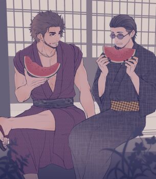 2boys beard black_kimono black_nails closed_eyes commentary_request eating facial_hair food food_on_face fruit japanese_clothes kasuga_ichiban kimono looking_at_another male_focus mature_male multiple_boys mustache night outdoors pectoral_cleavage pectorals purple_kimono round_eyewear ryuu_ga_gotoku_(series) sandals short_hair sitting smile tinted_eyewear toned toned_male watermelon watermelon_slice yuuri_(yuri83) zhao_tianyou
