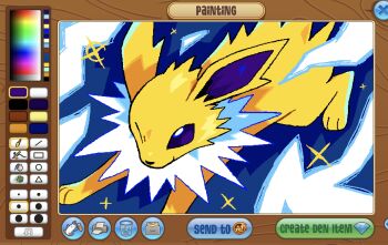 Rule 34 | absurdres, animal focus, animal hands, animal jam (medium), art program in frame, blue background, border, brown border, eelgobbler, electricity, fluffy, gen 1 pokemon, highres, jolteon, looking at viewer, neck fur, nintendo, no humans, one eye closed, pokemon, pokemon (creature), pokemon focus, purple eyes, simple background, solo, upper body, white fur, yellow fur