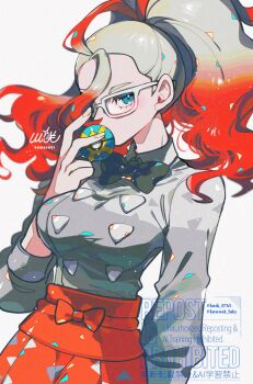 1girl apron black_bow black_bowtie blue_eyes bow bowtie breasts commentary_request glasses gradient_hair grey_shirt griselle_(pokemon) highres holding holding_poke_ball kawasaki_(kwsk_8765) large_breasts looking_at_viewer multicolored_hair nintendo orange_apron poke_ball pokemon pokemon_legends:_z-a ponytail print_apron quick_ball red_hair shirt split_ponytail two-tone_hair waist_apron white-framed_eyewear white_hair