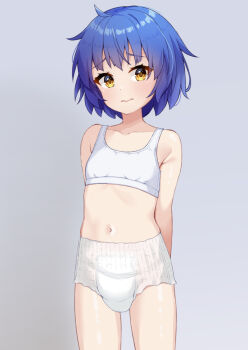1girl armpit_crease blue_hair bra choppy_bangs closed_mouth collarbone commentary_request cowboy_shot diaper embarrassed exposed_diaper gochuumon_wa_usagi_desu_ka? grey_background highres jouga_maya loli looking_at_viewer navel pull-up_diaper raised_inner_eyebrows shiny_skin short_hair simple_background solo standing stomach training_bra underwear variant_set white_bra white_diaper win_opz