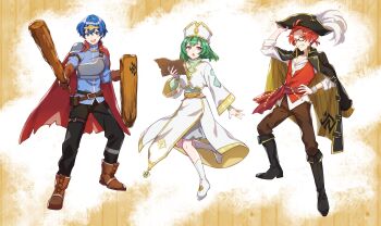 1girl 2boys :d :o black_boots black_hat black_pants blue_eyes blue_hair blue_shirt boots brown_boots brown_gloves brown_pants character_request circlet commentary_request copyright_request dress full_body gloves green_hair grey_skirt grin hair_intakes hat highres holding holding_map holding_shield knee_boots lace-up_boots long_sleeves looking_at_viewer map multiple_boys open_mouth pants pirate_hat purple_eyes red_eyes red_hair red_vest shield shinishi_chiho shirt short_hair skirt skirt_under_dress smile standing vest white_boots white_dress white_hat white_shirt wide_sleeves