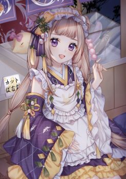 1girl animal apron baby_animal bare_shoulders bird blunt_bangs bow brown_hair chick chinese_commentary commentary_request cowboy_shot cup_(13636466299) dango detached_sleeves dot_nose dress eyelashes flower_knot food food_stand frilled_apron frilled_dress frilled_hairband frills gifty_(nikki) hair_bow hair_ornament hairband happy highres holding holding_food japanese_clothes kimono kimono_dress light_blush lipstick long_hair long_sleeves looking_at_viewer maid makeup miracle_nikki multi-tied_hair night nikki_(series) open_mouth purple_bow purple_eyes purple_kimono purple_sleeves red_lips ribbon short_dress sign sitting sleeve_ribbon sleeveless sleeveless_kimono smile solo striped_bow tareme tassel tassel_hair_ornament teeth twintails upper_teeth_only very_long_hair wa_maid wagashi white_apron wide_sleeves yatai_waitress_(miracle_nikki) yellow_bow yellow_hairband yellow_ribbon