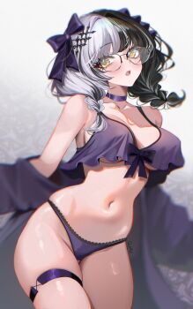 1girl :o absurdres black_choker black_hair bow braid breasts choker cleavage collarbone commentary english_commentary glasses grey_hair hair_bow highres hololive hololive_english large_breasts looking_at_viewer multicolored_hair navel panties purple_bow purple_panties rosebell shiori_novella sleepwear solo split-color_hair stomach thigh_strap twin_braids two-tone_hair underwear virtual_youtuber yellow_eyes