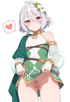 absurdres cleft_of_venus closed_mouth clothes_lift commentary_request dress dress_lift female_pubic_hair flower gluteal_fold grey_hair grey_pubic_hair hair_flower hair_ornament heart highres kokkoro_(princess_connect!) lifting_own_clothes looking_at_viewer myuu_(arisumeria) pointy_ears princess_connect! pubic_hair pussy pussy_juice short_hair simple_background smile spoken_heart standing thighs white_background white_flower