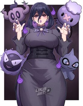 Rule 34 | 1girl, @ @, bags under eyes, black background, black dress, black hair, border, breasts, colored inner hair, corset, cowboy shot, dress, drifloon, earrings, eyeshadow, gastly, gen 1 pokemon, gen 3 pokemon, gen 4 pokemon, gen 6 pokemon, ghost pose, hair between eyes, hex maniac (pokemon), hex maniac (pokemon legends: z-a), jewelry, large breasts, lips, long hair, luchidart, makeup, multicolored hair, nintendo, phantump, pokemon, pokemon (creature), pokemon legends: z-a, purple eyes, purple hair, purple lips, purple nails, shuppet, standing, two-tone hair, watermark, white border