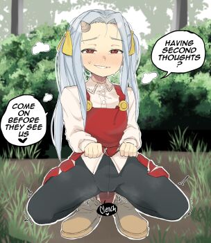 1girl black_pantyhose blue_hair blush boku_no_hero_academia boots bush cameltoe clothes_lift come_hither day dress english_text eri_(boku_no_hero_academia) flashing full_body grass grin hair_ornament hair_ribbon half-closed_eyes heart highres horns in_heat lifting_own_clothes loli long_hair long_sleeves looking_at_viewer naughty_face outdoors outline pantyhose pussy_juice pussy_juice_drip red_dress red_eyes ribbon shirt single_horn skirt skirt_lift smile solo speech_bubble spoken_heart spread_legs squatting steaming_body sweat text_focus twintails white_outline white_shirt zlix0n