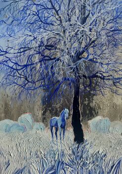 acrylic_paint_(medium) anastasia_trusova animal bare_tree commentary english_commentary highres horse nature no_humans original outdoors painting_(medium) scenery traditional_media tree