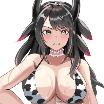 1girl anger_vein animal_print bare_shoulders bikini breasts cleavage collarbone commentary_request cow_print cow_print_bikini dragon_girl dragon_horns green_eyes grin highres horns house_dragonmaid kurogomatcha looking_at_viewer official_alternate_hairstyle parted_lips print_bikini simple_background smile solo sweat swimsuit upper_body white_background yu-gi-oh!
