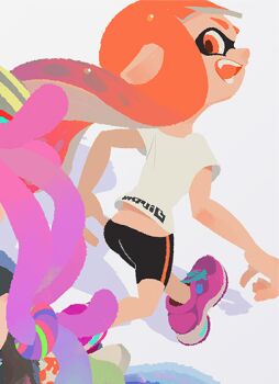 ass bare_legs child cropped fang fangs from_behind inkling inkling_girl inkling_player_character legs loli long_hair looking_back nintendo official_art orange_eyes orange_hair pants shirt shoes sneakers splatoon_(series) splatoon_1 squid squid_girl tentacle_hair tight_clothes tight_pants tight_shorts