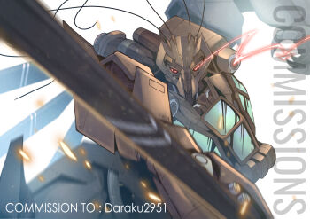 cable commission decepticon embers eye_trail highres holding holding_sword holding_weapon light_trail looking_at_viewer mecha mecha_focus motion_blur no_humans ongget1 original red_eyes robot science sword transformers watermark weapon white_background