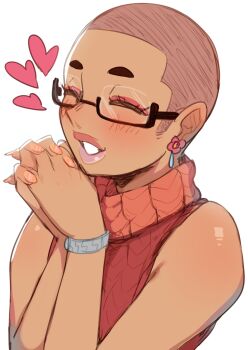 0lightsource 1girl blush bracelet brianna_(0lightsource) closed_eyes commentary dark-skinned_female dark_skin earrings english_commentary eyelashes eyeshadow fingernails flower_earrings glasses happy heart highres jewelry lips makeup nail_polish orange_nails orange_sweater original own_hands_together rectangular_eyewear semi-rimless_eyewear shaved_head shiny_skin short_hair simple_background sleeveless sleeveless_sweater sleeveless_turtleneck smile solo sweater thick_eyebrows turtleneck turtleneck_sweater very_short_hair white_background