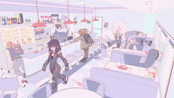 3girls after_battle alternate_costume biker_clothes bikesuit bodysuit breasts broken_glass broken_window carrying cleavage defeat diner glass highres jacket kill_la_kill looking_at_another mankanshoku_mako matoi_ryuuko multiple_girls princess_carry scared shoes sneakers walking zhen_long