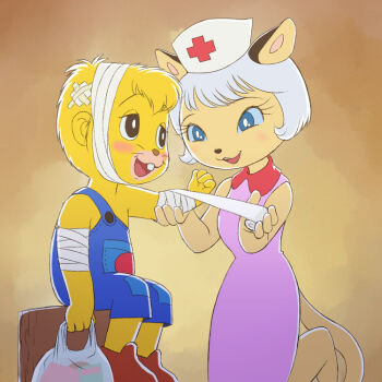 1boy 1girl :3 animal animal_ears applying_bandages bag bandaged_arm bandaged_head bandages beave_boy beaver blue_eyes blue_overalls blush brown_eyes brown_fur brown_shoes buck_teeth cat cat_ears cat_girl cat_tail cross cross_print crossed_bandaids denim denim_overalls don_chuck don_chuck_monogatari dress furry grace_(don_chuck) hat holding holding_bag nurse nurse_cap open_mouth orange_fur orange_hair overalls pink_dress print_headwear red_cross shoes short_hair sleeveless sleeveless_dress smile standing standing_on_one_leg tail teeth whiskers yamanokonza