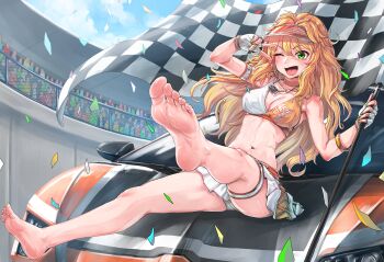 Rule 34 | 1girl, ;d, absurdres, audience, barefoot, blonde hair, breasts, car, checkered flag, commentary request, commission, confetti, day, earrings, fingerless gloves, fingernails, flag, gloves, green nails, highres, hold111, holding, holding flag, hoshii miki, idolmaster, idolmaster (classic), idolmaster million live!, idolmaster million live! theater days, jewelry, korean commentary, long hair, miniskirt, motor vehicle, nail polish, navel, necklace, on car, one eye closed, open mouth, outdoors, race flag, race queen, race vehicle, racecar, skirt, smile, soles, star (symbol), star earrings, toenail polish, toenails, toes, v, v over eye, visor cap, white gloves, white skirt