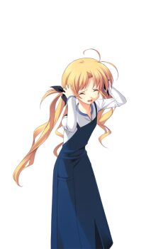 1girl antenna_hair black_bow blonde_hair blue_dress blue_trim bow breasts casual chaos;head closed_eyes distress dress facing_down game_cg hair_bow hands_in_own_hair long_hair matsuo_yukihiro non-web_source official_art open_collar open_mouth orihara_kozue pinafore_dress science_adventure shirt sleeveless sleeveless_dress small_breasts solo sprite t-shirt transparent_background twintails very_long_hair