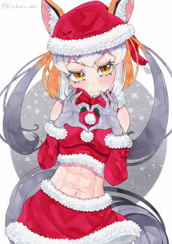 1girl animal_ears bare_shoulders bow bowtie brown_hair dress extra_ears fox_ears fox_girl fox_tail gloves grey_hair hat heart highres island_fox_(kemono_friends) kedama_(ughugjydthjdf) kemono_friends kemono_friends_v_project long_hair looking_at_viewer muscular navel santa_costume santa_dress santa_hat simple_background skirt sleeveless solo tail twintails virtual_youtuber yellow_eyes