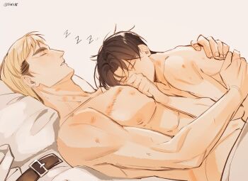 2boys belt bite_mark bite_mark_on_arm bite_mark_on_chest bite_mark_on_neck black_hair blonde_hair closed_eyes couple diaris115 erwin_smith hand_on_another&#039;s_chest hickey highres hug levi_(shingeki_no_kyojin) multiple_boys parted_bangs parted_lips shingeki_no_kyojin short_hair sleeping thick_eyebrows twitter_username under_covers unworn_belt yaoi zzz