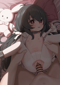 1boy 1girl anklet bar_censor black_collar black_hair blush censored chain chained clothed_female_nude_male collar commentary_request commission crossed_bangs flat_chest hair_between_eyes hair_ribbon hetero highres jacket jewelry leg_grab loli long_hair long_sleeves looking_at_viewer low_twintails lying matanukinuki missionary navel nipples nude on_back on_bed open_clothes open_jacket original pantyhose parted_lips penis pillow pov pov_crotch pov_hands red_eyes ribbon sex sidelocks skeb_commission smile solo_focus spread_legs stuffed_animal stuffed_rabbit stuffed_toy torn_clothes torn_pantyhose twintails vaginal very_long_hair white_jacket white_pantyhose white_ribbon