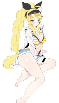 absurdres bikini black_ribbon black_survival blonde_hair blue_eyes blush braid denim denim_shorts eternal_return:_black_survival highres long_hair nicky_blake orange_bikini plentyofempty ribbon shorts swimsuit thigh_strap visor_cap