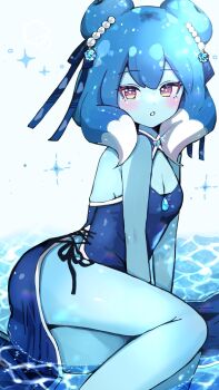 1girl blue_dress blue_hair blue_ribbon blue_skin blush breasts cleavage cleavage_cutout clothing_cutout colored_skin dress hair_ribbon highres inazuma_eleven_(series) inazuma_eleven_go inazuma_eleven_go_galaxy medium_breasts mirina1219 multicolored_eyes multicolored_hair partially_submerged pearl_hair_ornament powai_pichori purple_eyes ribbon sitting solo sparkle white_hair white_mouth yellow_eyes yokozuwari