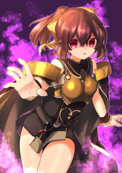 Rule 34 | 1girl, absurdres, armor, aura, bare shoulders, bow, breastplate, brown cape, brown hair, cape, dark aura, dark persona, delthea (fire emblem), delthea (tatarrah's puppet) (fire emblem), dress, fire emblem, fire emblem echoes: shadows of valentia, hair between eyes, hair bow, highres, looking at viewer, mind control, nintendo, parted lips, ponytail, purple background, red eyes, sleeveless, sleeveless dress, solo, studio sugimoto, yellow bow