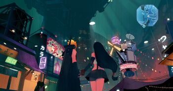 1boy 1girl absurdres bare_shoulders black_gloves black_hair black_skirt blonde_hair building buster_sword cloud_strife commentary cowboy_shot daniel_(zaijoubu) elbow_gloves english_commentary final_fantasy final_fantasy_vii final_fantasy_vii_remake fingerless_gloves from_behind gloves hanging_light highres long_hair low-tied_long_hair map materia miniskirt night outdoors scenery skirt spiked_hair suspender_skirt suspenders sword sword_on_back tank_top tifa_lockhart weapon weapon_on_back white_tank_top