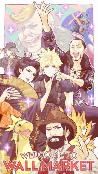 1girl 5boys andrea_rhodea armor baseball_cap beard belt bird black_coat black_hair black_hat black_pants black_shirt blonde_hair brown_belt brown_hat brown_vest buster_sword chocobo chocobo_sam closed_eyes cloud_strife coat collared_shirt cowboy_hat don_corneo facial_hair final_fantasy final_fantasy_vii final_fantasy_vii_remake finger_to_another's_cheek floral_print floral_print_kimono folding_fan fur-trimmed_coat fur_trim goatee grey_hair hair_ornament hair_stick hand_fan hand_on_another's_chin hat highres holding holding_fan japanese_clothes kimono leather leather_vest leslie_kyle long_coat madam_m mohawk multiple_boys mustache o_yaszzzzz open_mouth outstretched_hand pants parted_bangs parted_lips pauldrons print_kimono shirt short_hair shoulder_armor single_pauldron sleeveless sleeveless_turtleneck smile sparkle spiked_hair suspenders swept_bangs turtleneck updo upper_body very_short_hair vest wall_market weapon weapon_on_back white_shirt