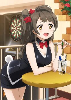 1girl arched_back bare_arms bare_shoulders black_collar black_leotard black_skirt blush bow bowtie breasts cleavage collar cowboy_shot cup dart dartboard detached_collar elbow_rest elbows_on_table fake_tail flower glass grey_hair hair_bow hand_up holding_dart indoors leotard long_hair looking_at_viewer love_live! love_live!_school_idol_festival love_live!_school_idol_project medium_breasts minami_kotori murota_yuuhei official_art one_side_up open_mouth pencil_skirt rabbit_tail raised_inner_eyebrows red_bow red_bowtie red_flower red_rose rose round_table skirt sleeveless solo table tail teeth upper_teeth_only yellow_eyes