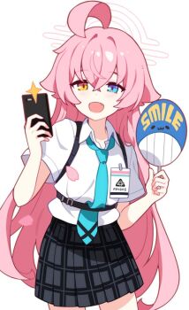 1girl ahoge black_skirt blue_archive blue_eyes blue_necktie commentary_request fang hair_between_eyes halo hand_fan heterochromia holding holding_fan holding_phone hoshino_(blue_archive) id_card ideolo long_hair long_sleeves necktie open_mouth paper_fan phone pink_hair pink_halo plaid_clothes plaid_skirt school_uniform shirt short_sleeves simple_background skirt smile very_long_hair white_background white_shirt yellow_eyes