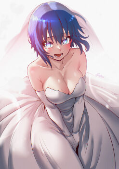 1girl absurdres bare_shoulders blue_eyes blue_hair blush breasts bridal_veil ciel_(tsukihime) cleavage dress elbow_gloves fukou gloves highres large_breasts looking_at_viewer open_mouth simple_background smile solo tsukihime tsukihime_(remake) v_arms veil wedding_dress white_background white_dress white_gloves