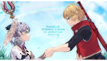 1boy 1girl blonde_hair blue_eyes braid breasts crown_braid curly_hair dress head_wings highres juliet_sleeves long_hair long_sleeves medium_breasts melia_antiqua monado mugimugis puffy_sleeves short_dress short_hair shulk_(xenoblade) silver_hair smile sword vest weapon wings xenoblade_chronicles:_future_connected xenoblade_chronicles_(series) xenoblade_chronicles_1