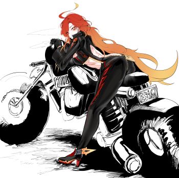 1girl absurdres ahoge back biker_clothes bikesuit black_bodysuit black_gloves bodysuit breasts cigarette commentary_request earrings genshin_impact gloves gradient_hair high_heels highres jewelry large_breasts long_hair mavuika_(genshin_impact) motor_vehicle motorcycle multicolored_hair orange_hair plentyofempty red_eyes smoking solo sweat symbol-shaped_pupils very_long_hair zipper_pull_tab