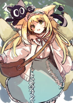 Rule 34 | 1girl, animal ears, arknights, black cat, blonde hair, blue hairband, cat, commentary, crossover, fox ears, fox girl, fox tail, frilled hairband, frills, hairband, heixiu, highres, kitsune, long hair, long sleeves, luo xiaohei, luo xiaohei (cat), luo xiaohei zhanji, neck ribbon, official alternate costume, open clothes, priority9, red ribbon, ribbon, shirt, sketch, skirt, suzuran (arknights), suzuran (spring praise) (arknights), tail