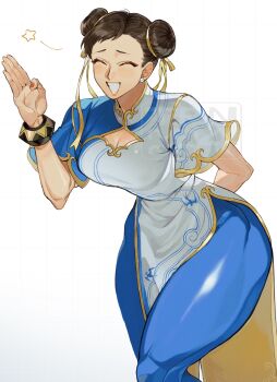 1girl apologizing blue_pants bracelet breasts brown_hair capcom china_dress chinese_clothes chun-li closed_eyes commentary cropped_legs double_bun dress grin hair_bun highres jewelry leaning_forward muscular muscular_female nail_polish pants red_nails simple_background smile solo star_(symbol) street_fighter street_fighter_6 symbol-only_commentary thick_thighs thighs trnnmnm4 watermark waving white_background