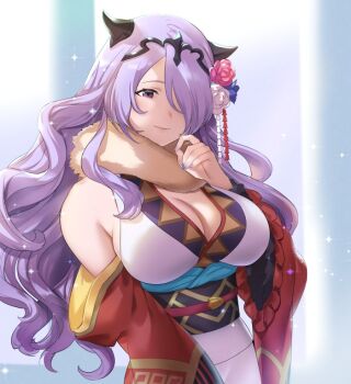 bare_shoulders breasts camilla_(fire_emblem) camilla_(holiday_traveler)_(fire_emblem) chiyoda_micro cleavage finger_to_own_chin fire_emblem fire_emblem_fates fire_emblem_heroes fur_trim hair_over_one_eye japanese_clothes kimono large_breasts long_hair looking_at_viewer nintendo official_alternate_costume one_eye_covered purple_eyes purple_hair sideboob simple_background tiara wavy_hair