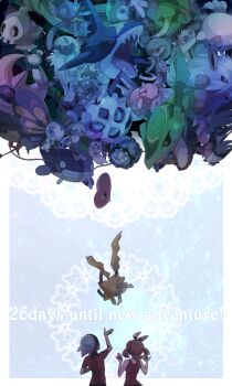 10s 1boy 1girl absol beautifly breloom brendan_(pokemon) brendan_(pokemon_oras) brown_hair chimecho clamperl countdown duskull english_text from_behind gardevoir gen_3_pokemon glalie hair_ribbon highres jirachi kogecha legendary_pokemon lunatone luvdisc may_(pokemon) may_(pokemon_oras) minun mythical_pokemon nintendo plusle pokemon pokemon_(creature) pokemon_oras rayquaza ribbon sableye sharpedo shedinja shiftry shirt short_hair short_sleeves slakoth sleeveless sleeveless_shirt spheal swellow taillow two_side_up whiscash zigzagoon