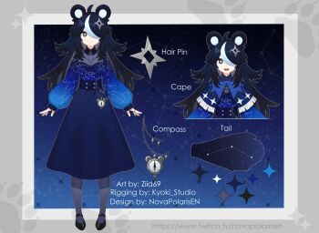 Rule 34 | 1girl, animal ears, bear ears, bear girl, bear tail, big dipper, black hair, blue background, blue hair, blue skirt, bootes (constellation), border, breasts, buttons, camelopardalis (constellation), cassiopeia (constellation), cepheus (constellation), compass, constellation, constellation print, corona borealis (constellation), double-breasted, draco (constellation), gradient hair, grey border, hair ornament, hair over one eye, high-waist skirt, highres, indie virtual youtuber, large breasts, leo (constellation), leo minor (constellation), lynx (constellation), multicolored hair, nova polaris, official art, reference sheet, second-party source, skirt, star-shaped pupils, star (symbol), star hair ornament, streaked hair, symbol-shaped pupils, tail, ursa major (constellation), ursa minor (constellation), virtual youtuber, white border, white streaks, ziid (ziid69)