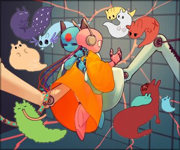 1boy 1girl androgynous artificer_(rain_world) blue_skin cable closed_eyes colored_skin creature dated facial_mark five_pebbles floating forehead_mark full_body gourmand_(rain_world) half-closed_eyes highres hug humanoid_robot hunter_(rain_world) iterator_(rain_world) izz_owooo joints long_tongue looks_to_the_moon metal_skin monk_(rain_world) no_mouth pink_skin rain_world rivulet_(rain_world) robe robot robot_joints saint_(rain_world) signature slugcat spearmaster_(rain_world) survivor_(rain_world) tail tongue u_u white_robe yellow_robe