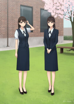 2girls absurdres bench black_jacket black_shoes black_skirt blazer blush brown_eyes brown_hair building cherry_blossoms commission grass high_heels highres jacket long_skirt long_sleeves medium_hair multiple_girls multiple_seasonal_school_uniforms original pixiv_commission setu_kurokawa shadow shoes short_sleeves skirt standing summer_uniform tree variant_set window winter_uniform