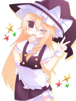 &gt;_o 1girl apron blonde_hair blush bow braid bread bread_slice fang food food_in_mouth hair_bow hand_on_own_hip hat hat_bow highres kejuantagonis kirisame_marisa long_hair mouth_hold one_eye_closed single_braid solo star_(symbol) toast touhou waist_apron white_bow witch_hat wrist_cuffs yellow_eyes