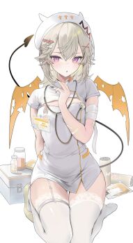 Rule 34 | 1girl, bandaged arm, bandages, bandaid, bandaid on arm, black tail, blonde hair, blush, commentary request, demon tail, facial mark, hair ornament, hairclip, hat, highres, komori met, looking at viewer, medium hair, momochi tamalu, name tag, open mouth, orange wings, purple eyes, solo, stethoscope, tail, thighhighs, torn wings, virtual youtuber, vspo!, white background, white hat, white thighhighs, wings, x hair ornament