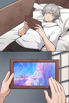 1boy 1girl absurdres anime_screenshot_inset bed bonz0616 breasts caelus_(honkai:_star_rail) cyrene_(aedes_elysiae)_(honkai:_star_rail) cyrene_(honkai:_star_rail) dress highres honkai:_star_rail honkai_(series) large_breasts meme picture_frame pillow pink_hair shirt trailblazer_(honkai:_star_rail) white_dress white_shirt wolverine_crush_(meme) yellow_eyes