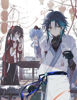1boy 2girls ahoge alternate_costume aqua_hair arm_armor belt black_belt black_bow black_gloves black_hair black_shirt black_skirt blue_bow blue_gemstone blue_hair blue_jacket blush bow bowl branch brown_hair brown_shirt buttons cape chinese_clothes closed_mouth crystal cup dango eating floor flower flower-shaped_pupils food fur_trim ganyu_(genshin_impact) gem genshin_impact gloves goat goat_horns gradient_hair grey_flower grey_pants hair_between_eyes hair_flower hair_ornament hand_on_own_face hand_up hands_up highres holding holding_cup holding_spoon horns hu_tao_(genshin_impact) jacket jewelry lamp long_hair long_skirt long_sleeves looking_down looking_to_the_side mandarin_collar meat multicolored_bow multicolored_hair multiple_girls pants pearl_(gemstone) plate pom_pom_(clothes) ponytail puffy_long_sleeves puffy_sleeves purple_cape purple_eyes red_bow red_eyes red_flower red_footwear red_hair red_jacket shadow shirt shoes short_hair sidelocks sitting skirt smile snow snowing soup spoon standing steam symbol-shaped_pupils table tape tassel tree twintails two-tone_bow two-tone_hair v-shaped_eyebrows very_long_hair vision_(genshin_impact) wagashi white_jacket wide_sleeves winter xiao_(genshin_impact) yue_(shemika98425261)