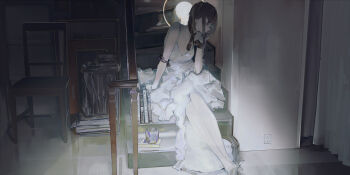 Rule 34 | 1girl, absurdres, barefoot, black hair, book, chair, curtains, dark, dress, gloves, highres, indoors, looking to the side, marcowwine, neck ribbon, original, ribbon, short hair, sitting, sitting on stairs, sleeveless, sleeveless dress, solo, stairs, white dress, wide shot, wooden chair